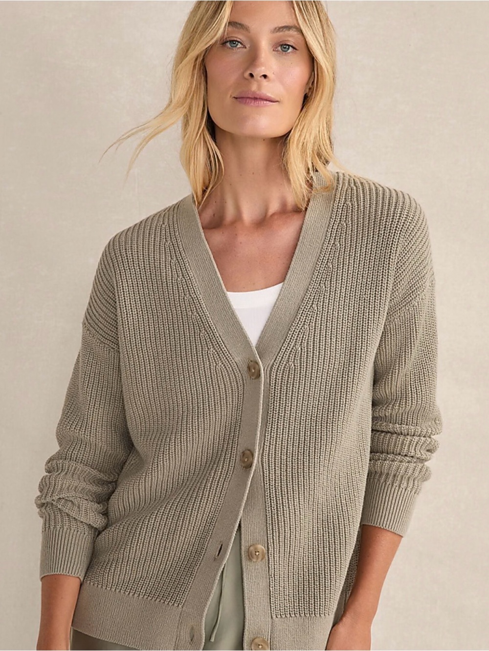 Haven Organic Cotton Shaker Grandmom Relaxed Fit Preppy Button Cardigan Taupe LG